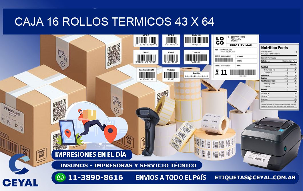 CAJA 16 ROLLOS TERMICOS 43 x 64