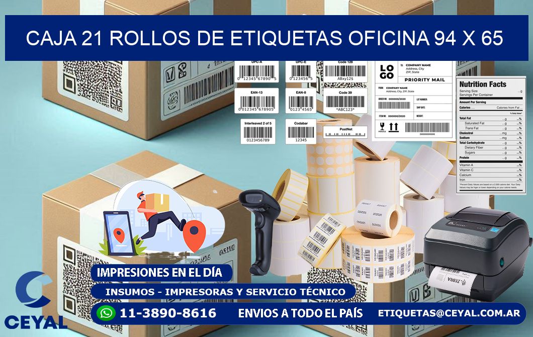 CAJA 21 ROLLOS DE ETIQUETAS OFICINA 94 x 65