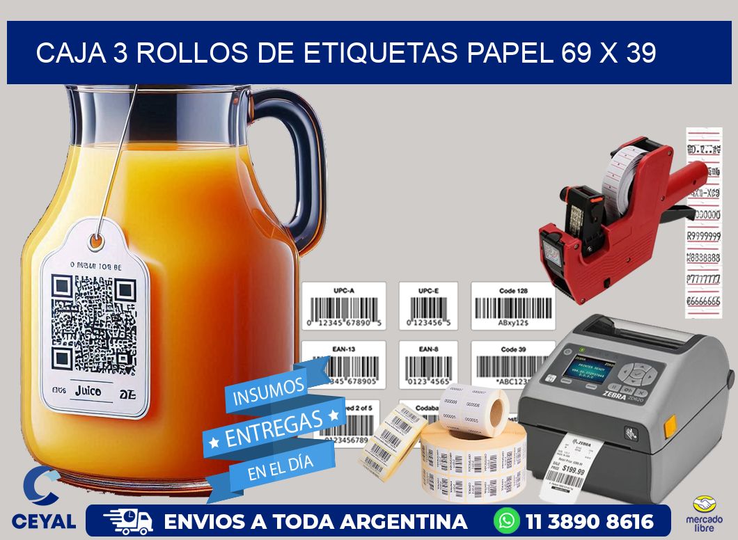 CAJA 3 ROLLOS DE ETIQUETAS PAPEL 69 x 39