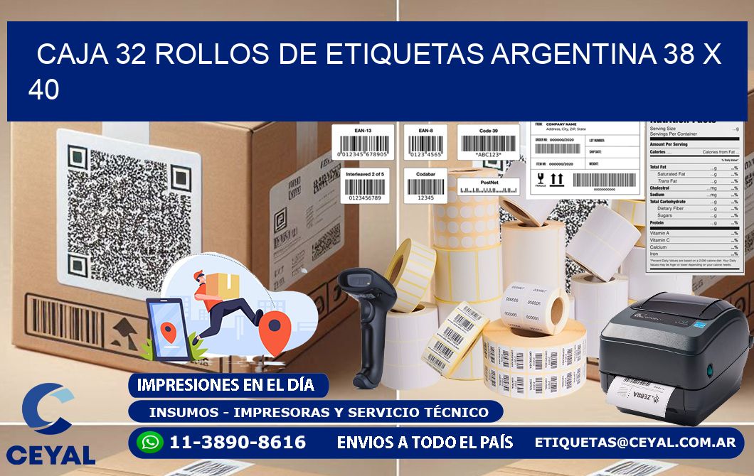 CAJA 32 ROLLOS DE ETIQUETAS ARGENTINA 38 x 40