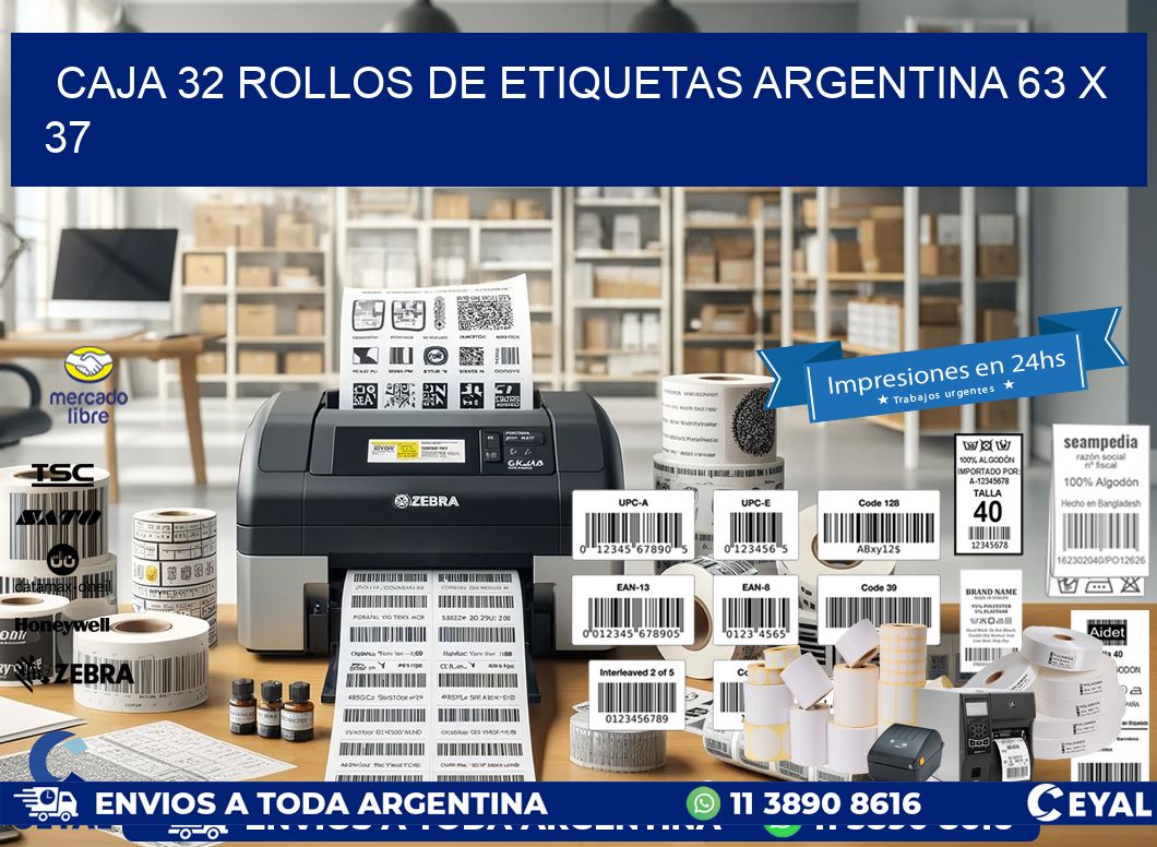 CAJA 32 ROLLOS DE ETIQUETAS ARGENTINA 63 x 37