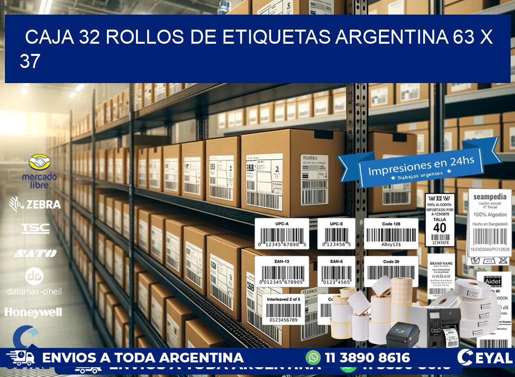 CAJA 32 ROLLOS DE ETIQUETAS ARGENTINA 63 x 37
