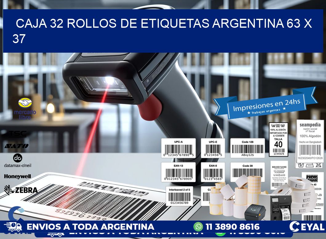 CAJA 32 ROLLOS DE ETIQUETAS ARGENTINA 63 x 37