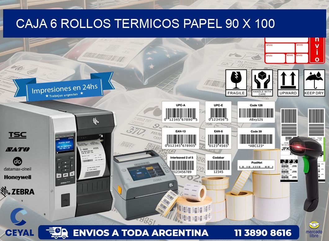 CAJA 6 ROLLOS TERMICOS PAPEL 90 x 100