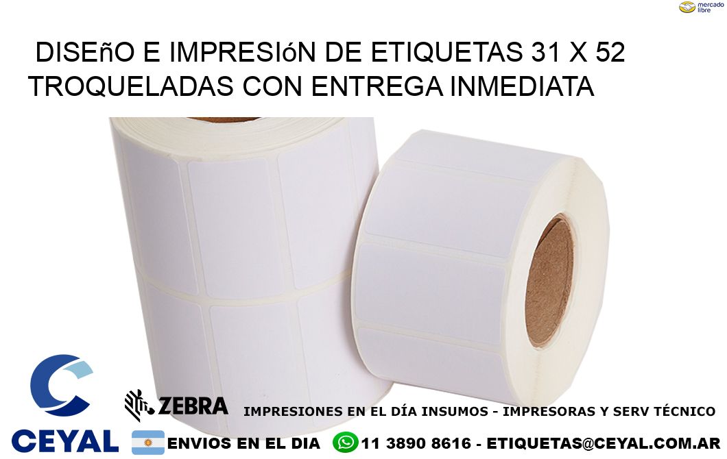 Diseño e impresión de etiquetas 31 x 52 troqueladas con entrega inmediata