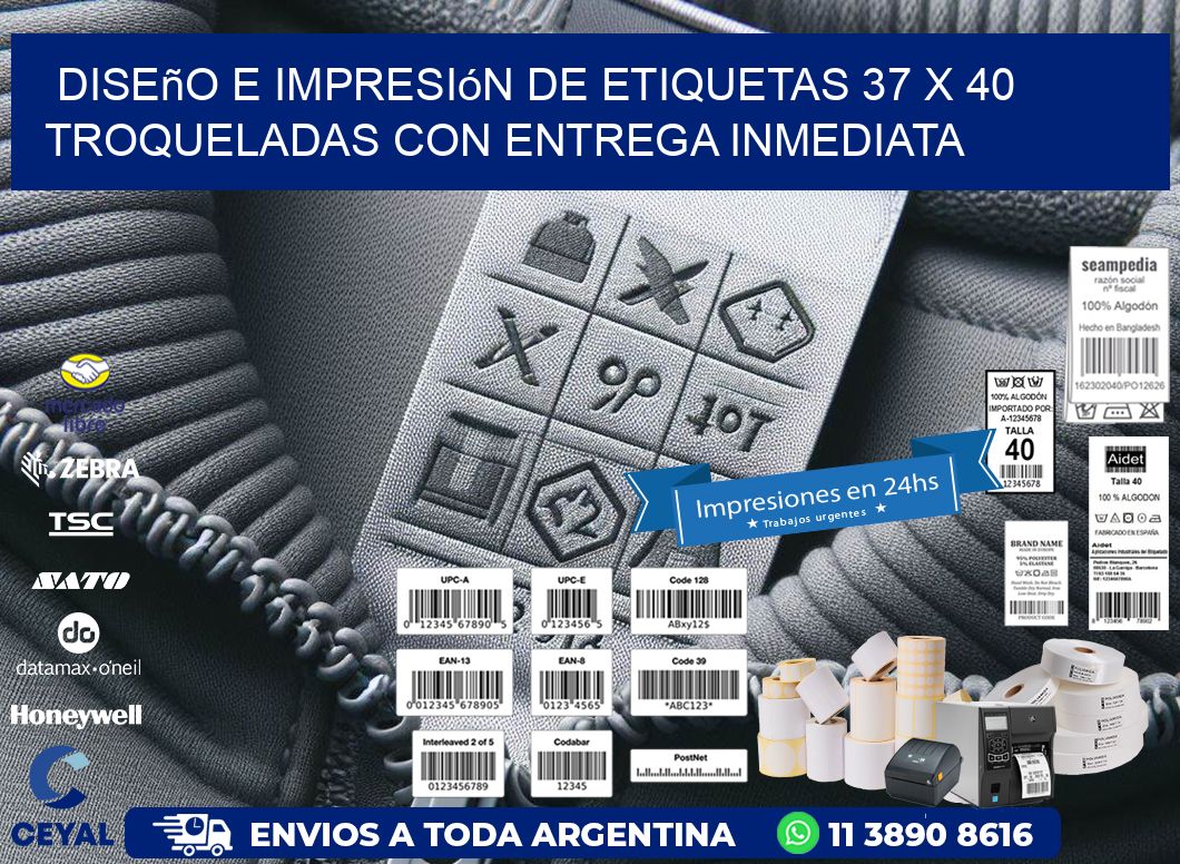 Diseño e impresión de etiquetas 37 x 40 troqueladas con entrega inmediata