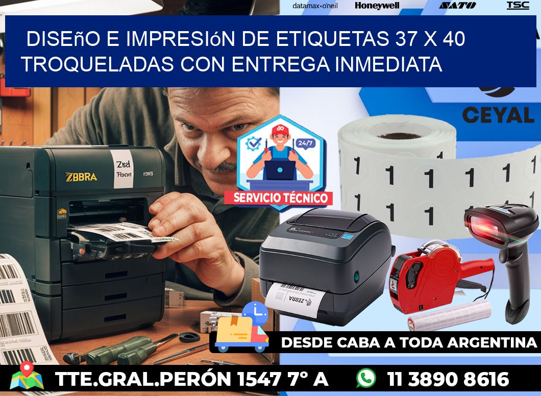 Diseño e impresión de etiquetas 37 x 40 troqueladas con entrega inmediata
