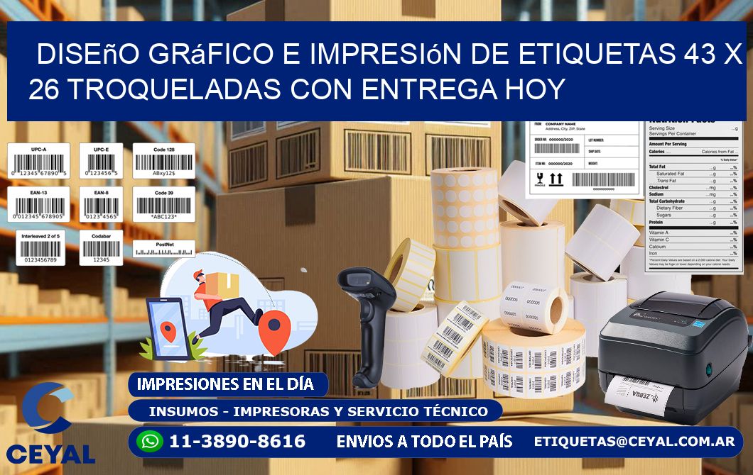 Diseño gráfico e impresión de etiquetas 43 x 26 troqueladas con entrega hoy