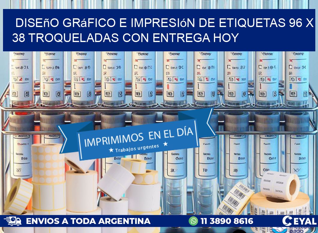 Diseño gráfico e impresión de etiquetas 96 x 38 troqueladas con entrega hoy