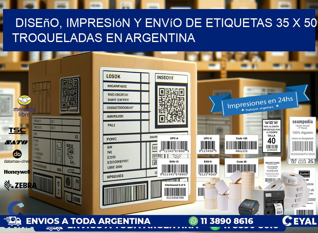 Diseño, impresión y envío de etiquetas 35 x 50 troqueladas en Argentina