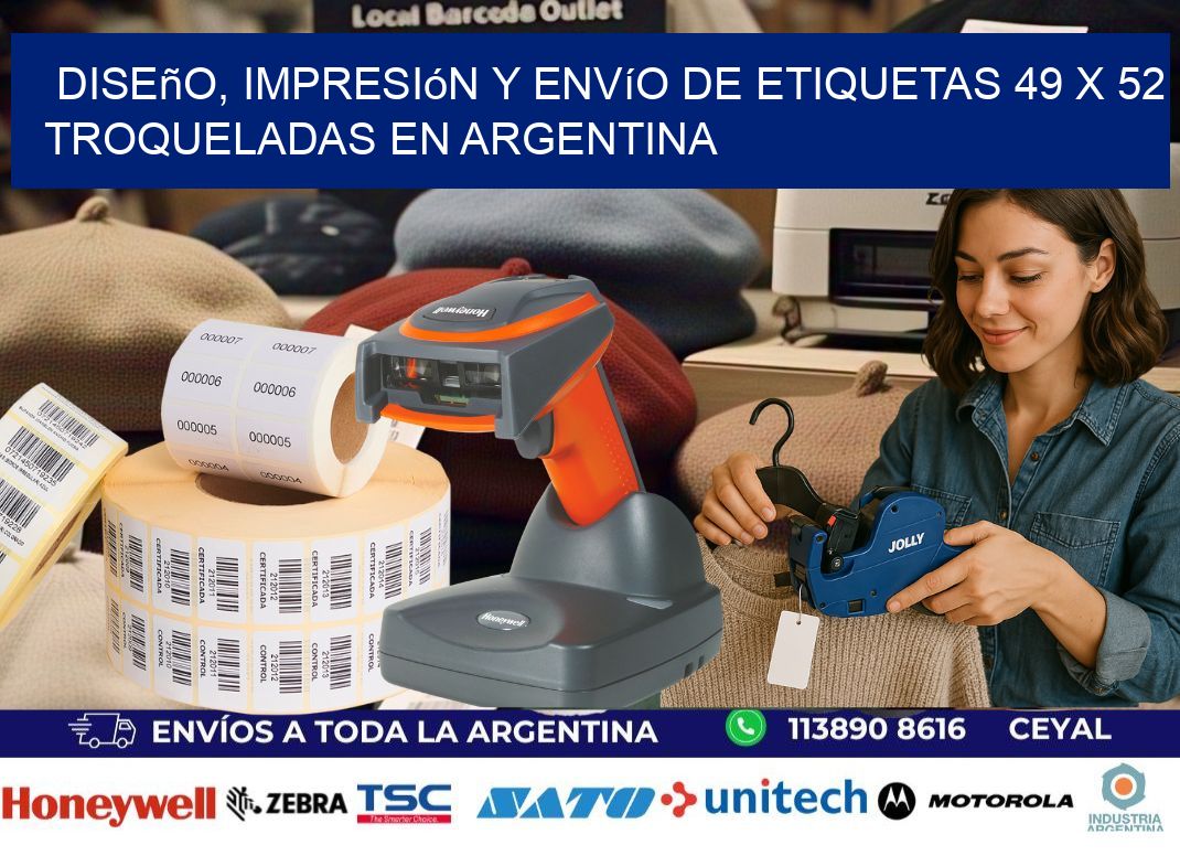 Diseño, impresión y envío de etiquetas 49 x 52 troqueladas en Argentina