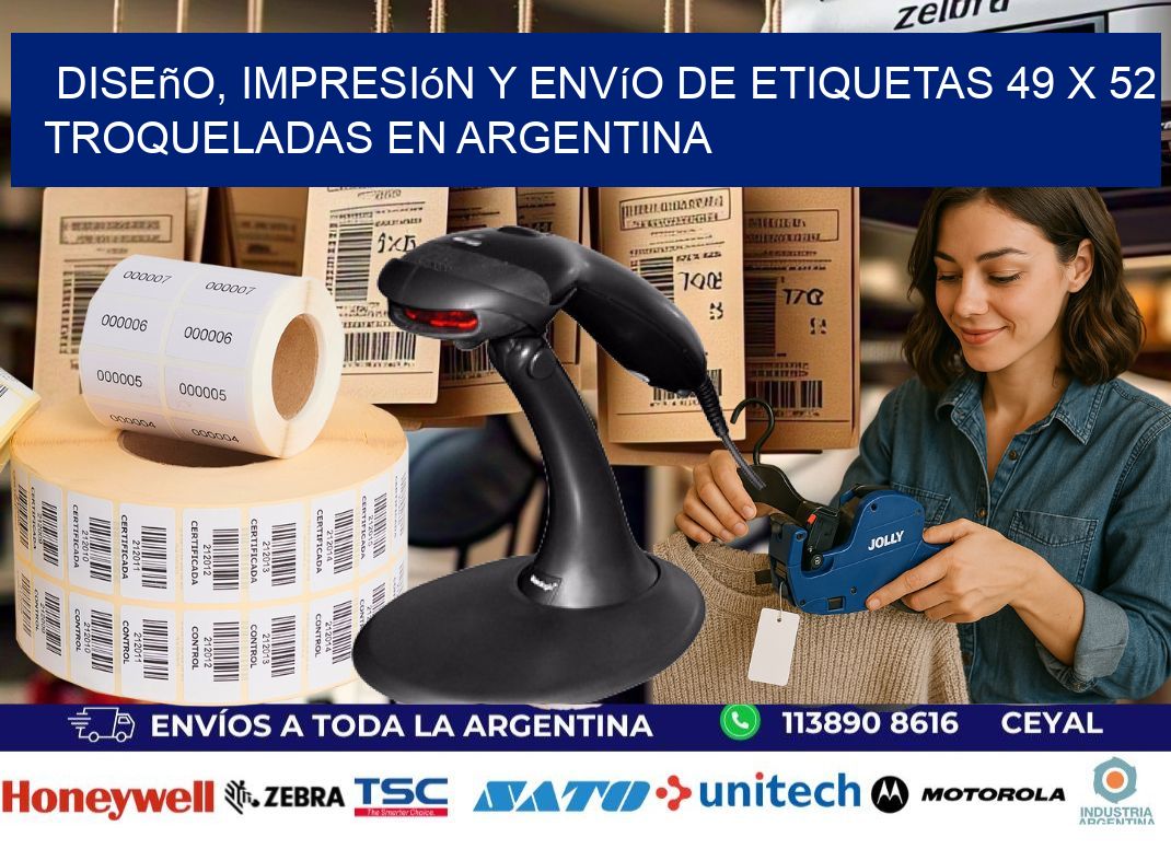 Diseño, impresión y envío de etiquetas 49 x 52 troqueladas en Argentina