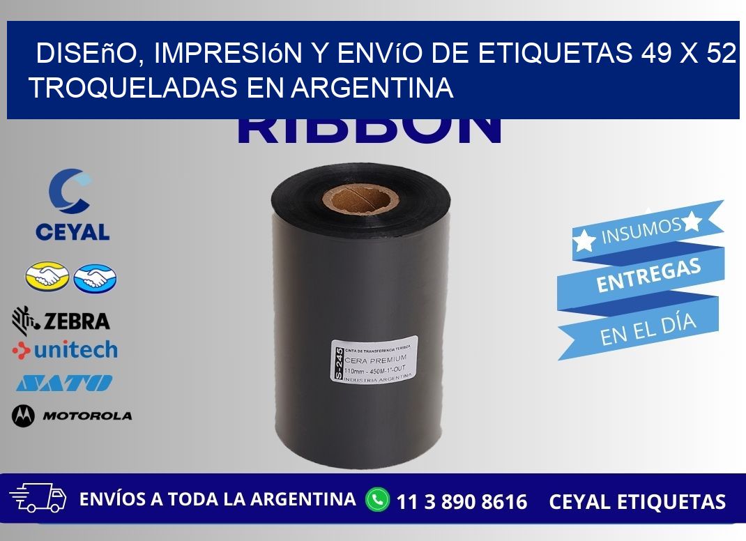 Diseño, impresión y envío de etiquetas 49 x 52 troqueladas en Argentina