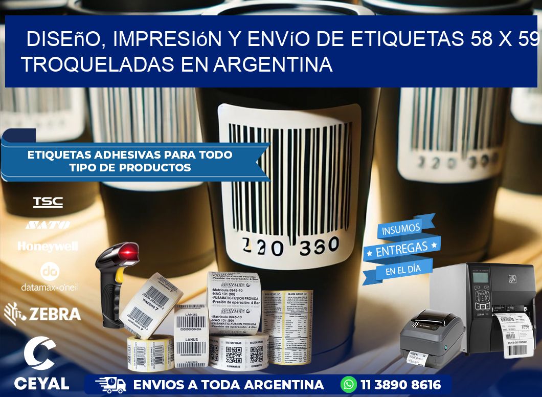 Diseño, impresión y envío de etiquetas 58 x 59 troqueladas en Argentina