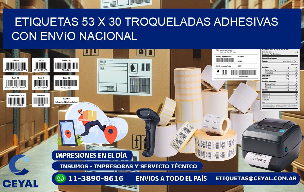 Etiquetas 53 x 30 troqueladas adhesivas con envío nacional