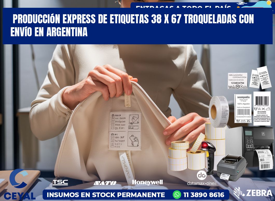 Producción express de etiquetas 38 x 67 troqueladas con envío en Argentina