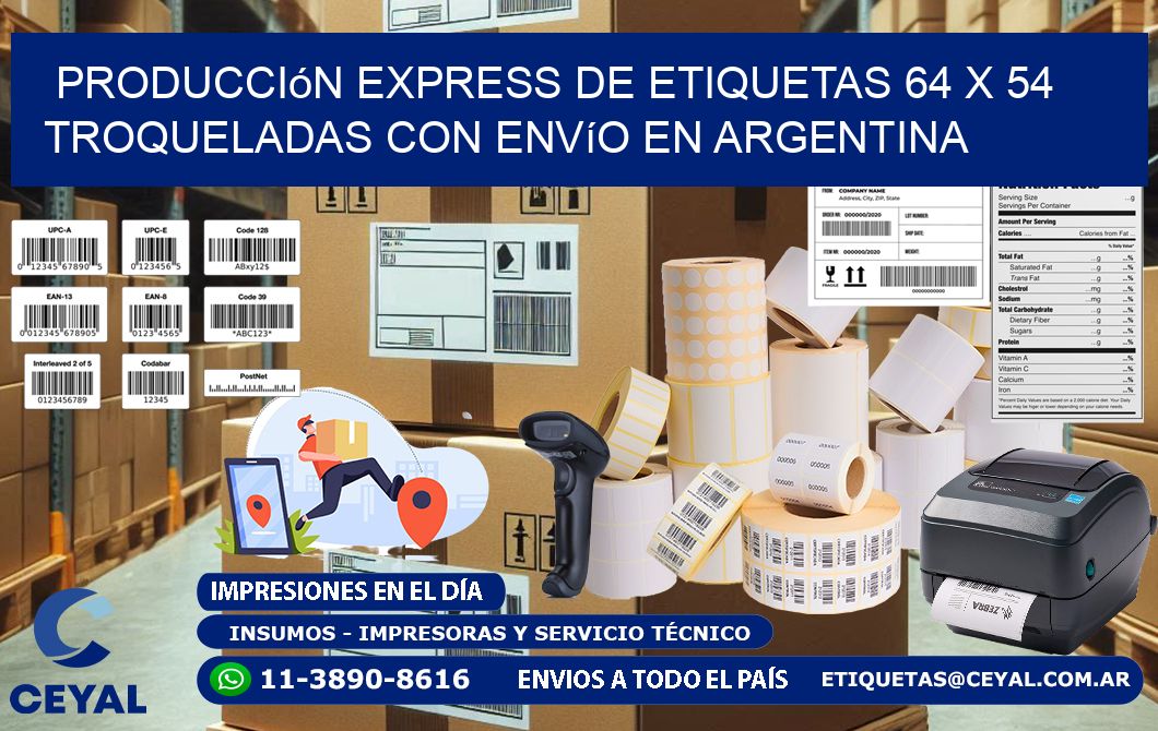 Producción express de etiquetas 64 x 54 troqueladas con envío en Argentina