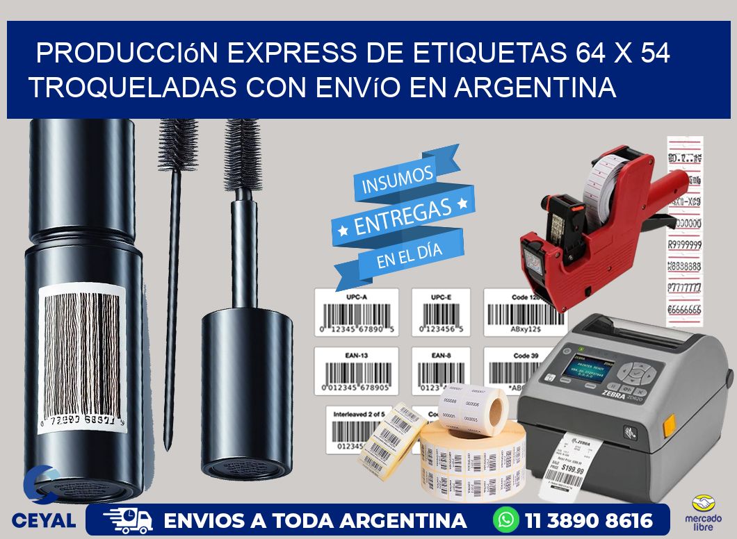 Producción express de etiquetas 64 x 54 troqueladas con envío en Argentina