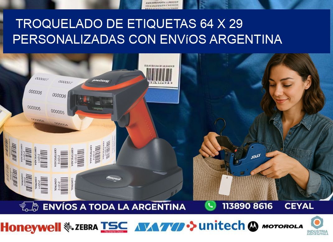 Troquelado de etiquetas 64 x 29 personalizadas con envíos Argentina