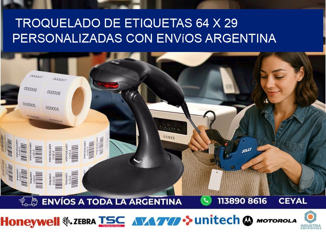 Troquelado de etiquetas 64 x 29 personalizadas con envíos Argentina