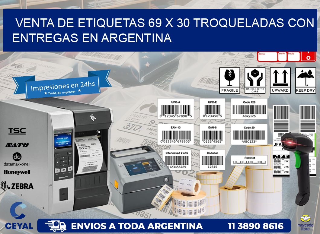Venta de etiquetas 69 x 30 troqueladas con entregas en Argentina