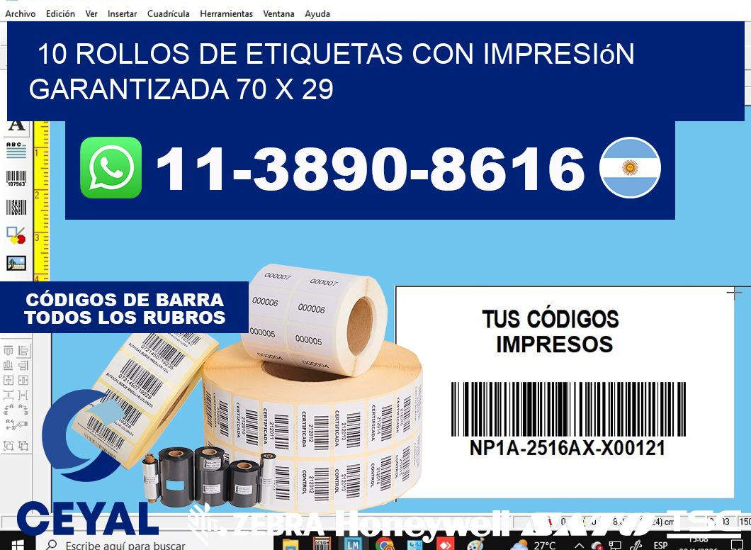 10 rollos de etiquetas con impresión garantizada 70 x 29
