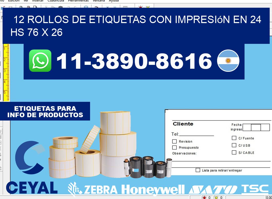 12 rollos de etiquetas con impresión en 24 hs 76 x 26