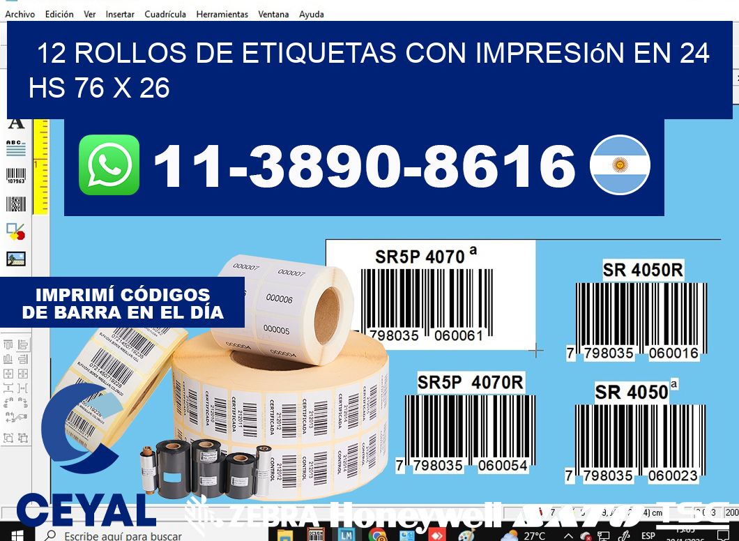 12 rollos de etiquetas con impresión en 24 hs 76 x 26