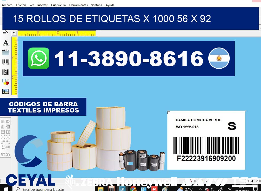 15 rollos de etiquetas x 1000 56 x 92
