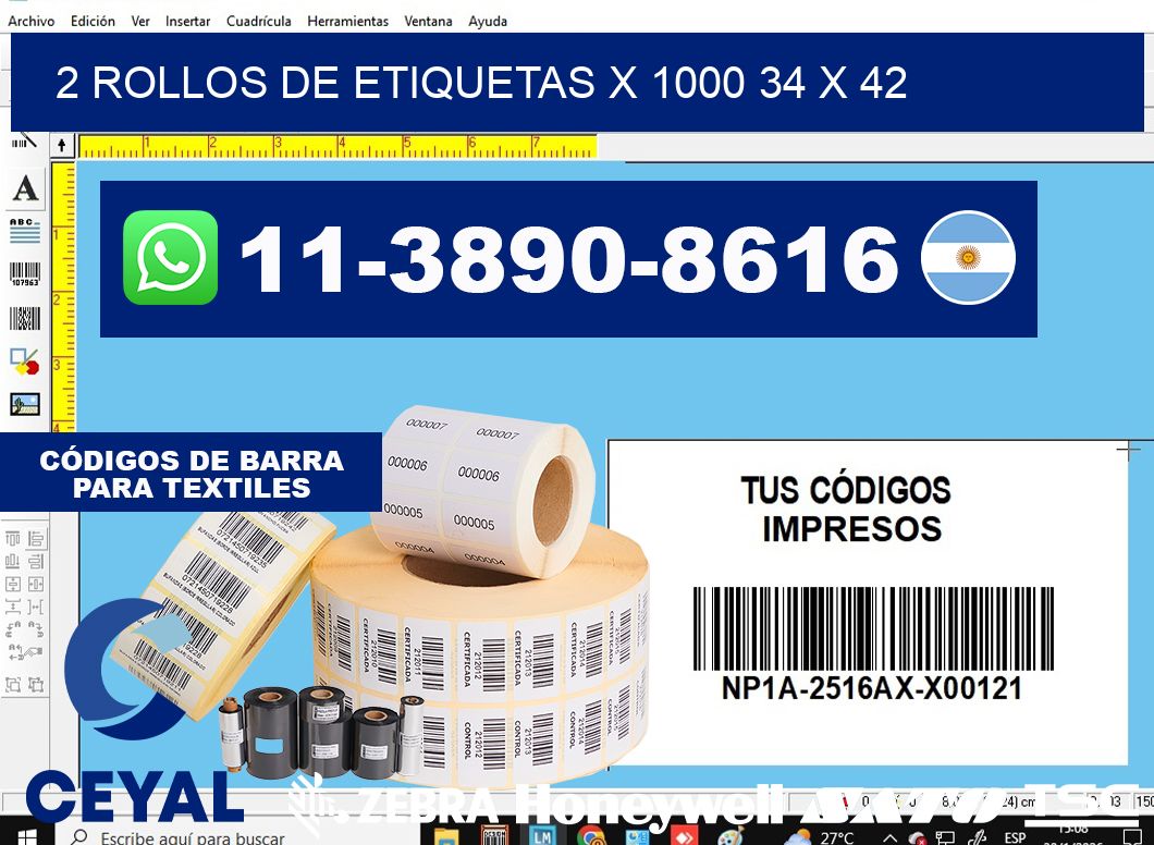 2 rollos de etiquetas x 1000 34 x 42