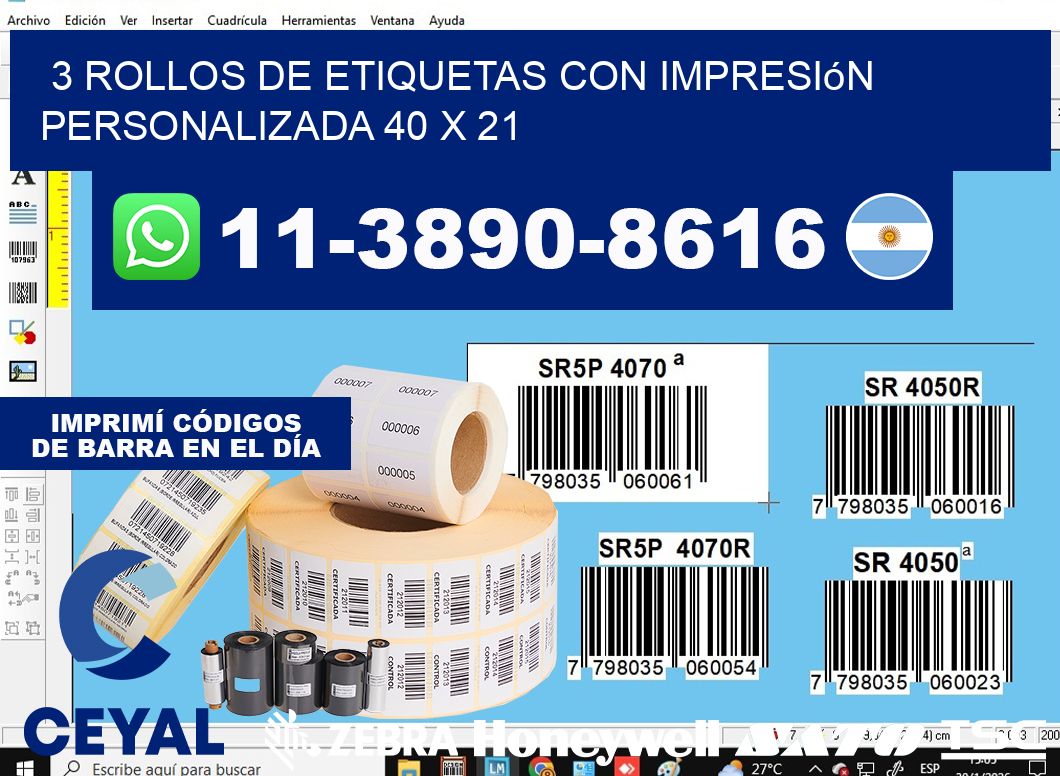 3 rollos de etiquetas con impresión personalizada 40 x 21