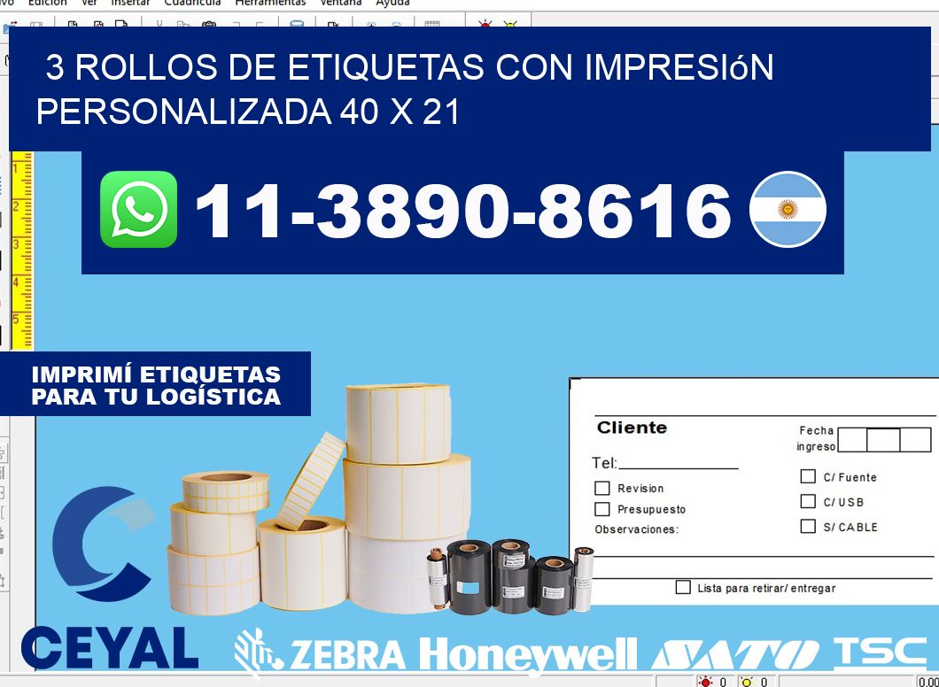 3 rollos de etiquetas con impresión personalizada 40 x 21