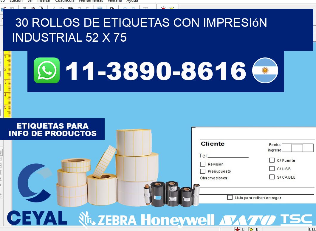 30 rollos de etiquetas con impresión industrial 52 x 75