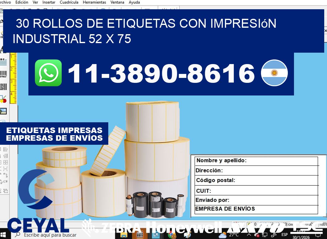 30 rollos de etiquetas con impresión industrial 52 x 75