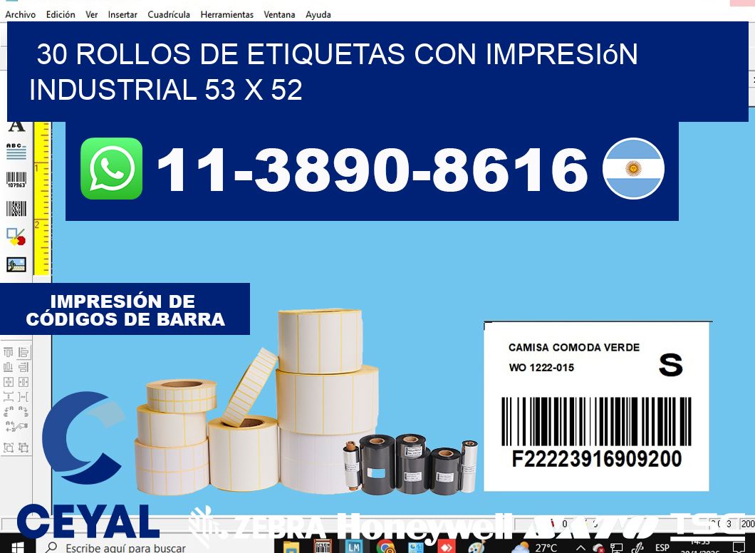 30 rollos de etiquetas con impresión industrial 53 x 52