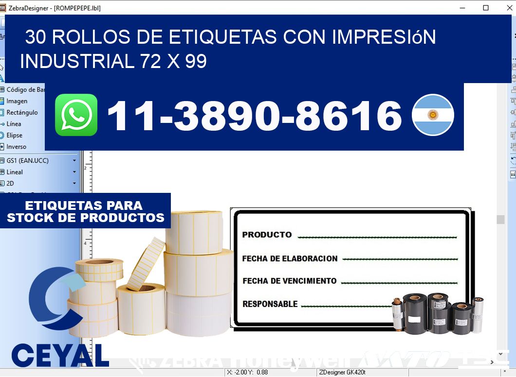 30 rollos de etiquetas con impresión industrial 72 x 99