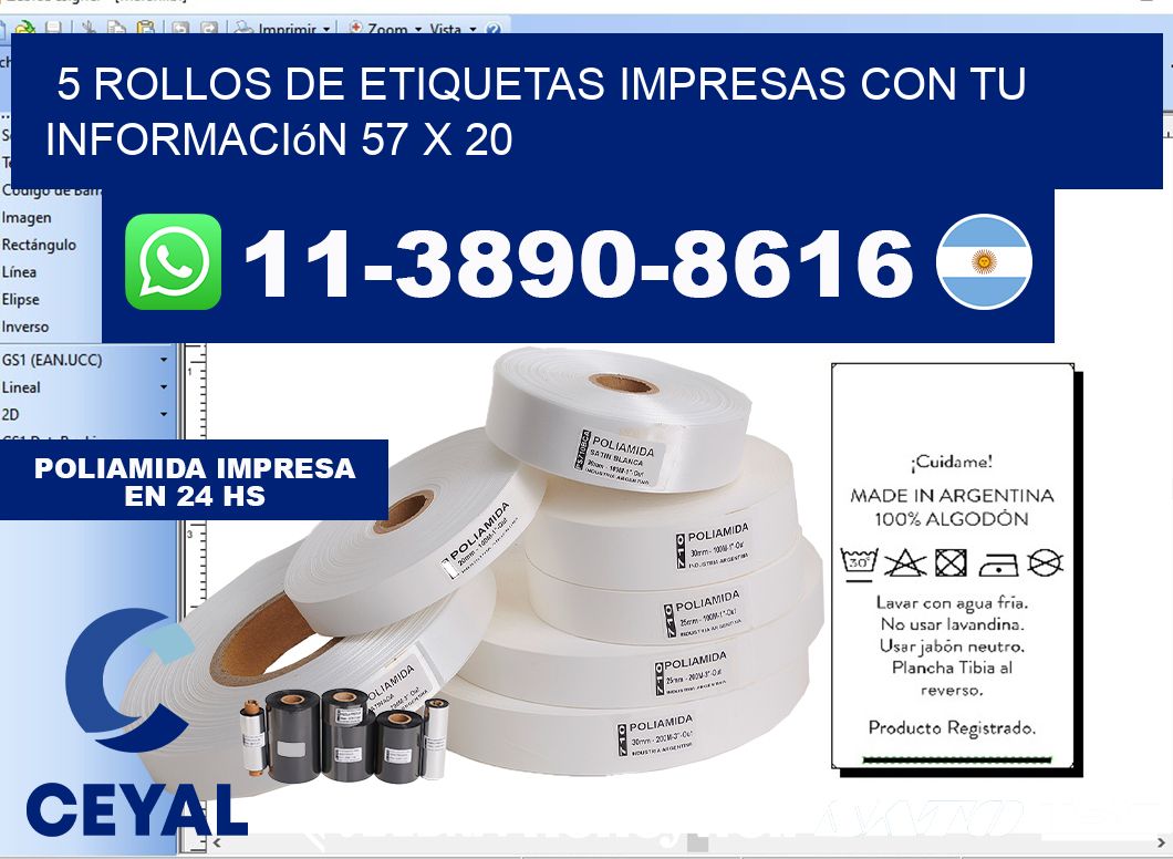 5 rollos de etiquetas impresas con tu información 57 x 20
