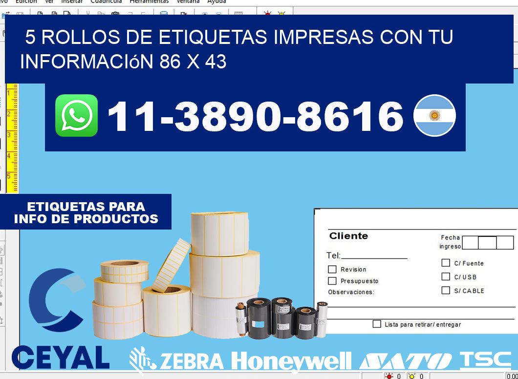 5 rollos de etiquetas impresas con tu información 86 x 43