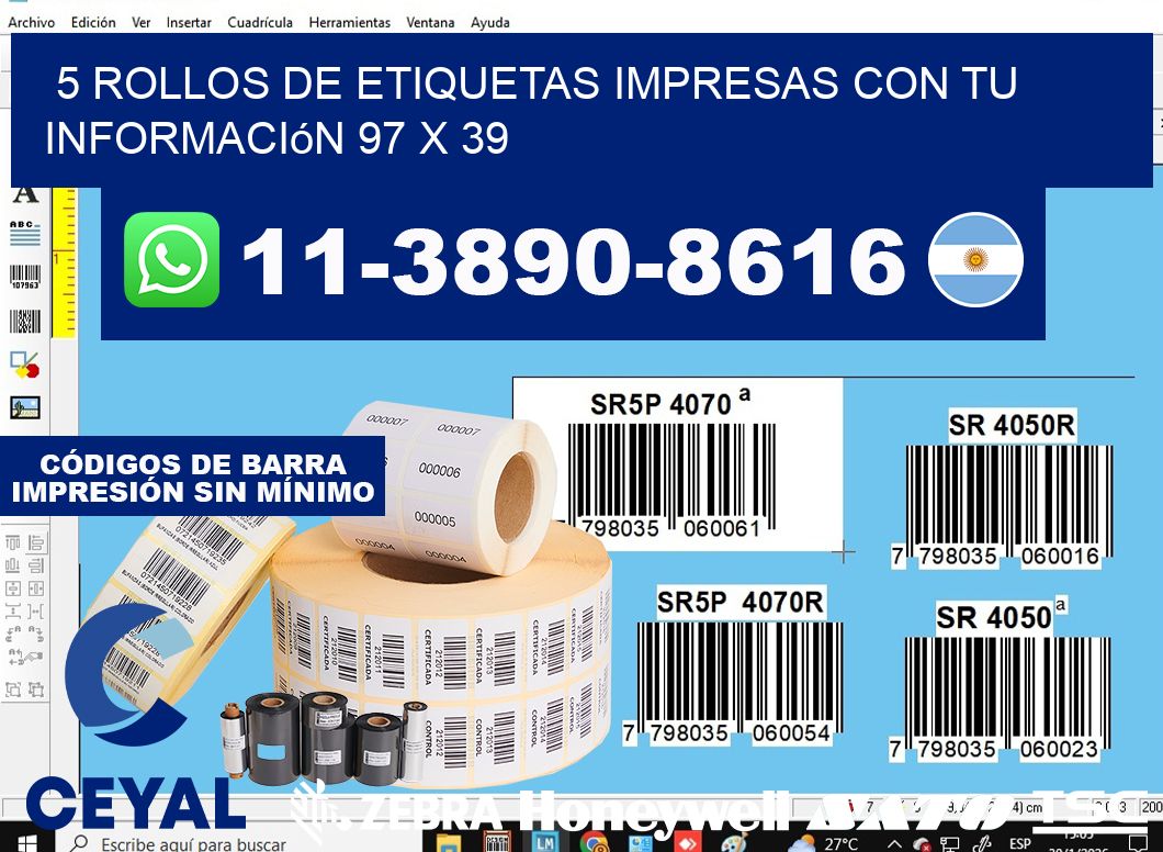 5 rollos de etiquetas impresas con tu información 97 x 39