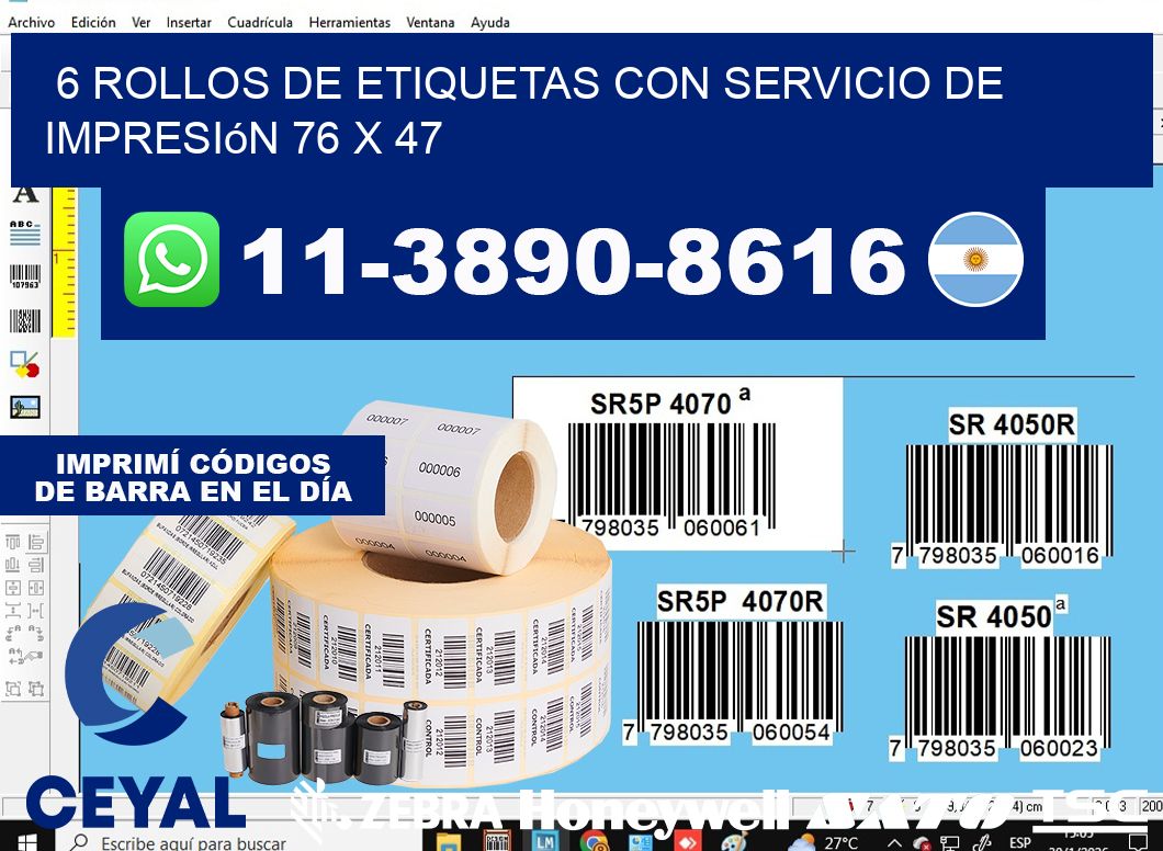 6 rollos de etiquetas con servicio de impresión 76 x 47