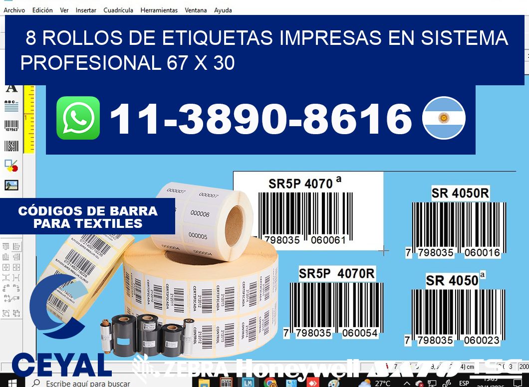 8 rollos de etiquetas impresas en sistema profesional 67 x 30